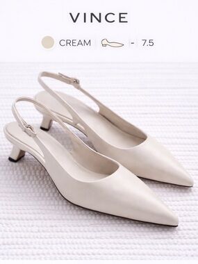 Vince Leather Slingback Heels Cream Pointed Toe Kitten Heel 7.5